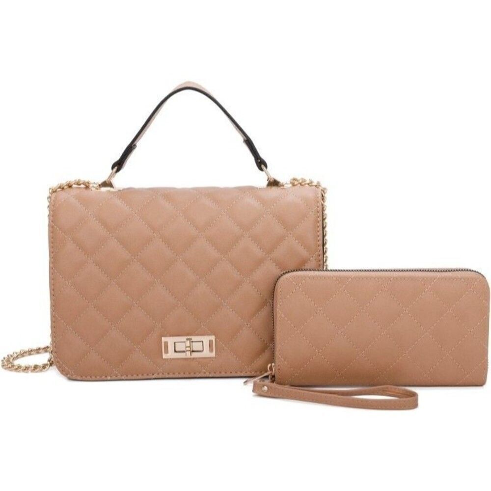 Women Khaki Stylish Twist Lock Crossbody Satchel Handbag With Wallet Set
